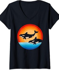 Womens Orca Killer Whale Retro Vintage 60s 70s Sunset Sea Animal V-Neck T-Shirt