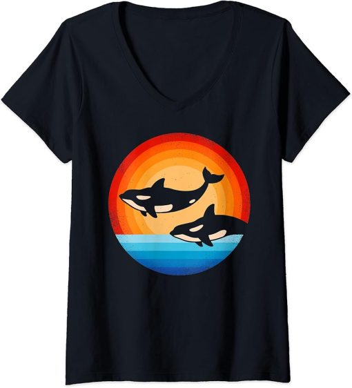 Womens Orca Killer Whale Retro Vintage 60s 70s Sunset Sea Animal V-Neck T-Shirt