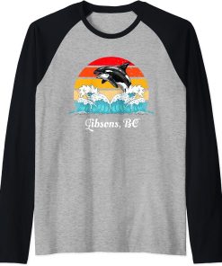 Vintage Gibsons BC Distressed Orca Killer Whale Art Raglan Baseball Tee