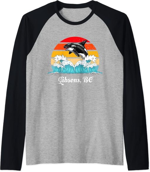 Vintage Gibsons BC Distressed Orca Killer Whale Art Raglan Baseball Tee